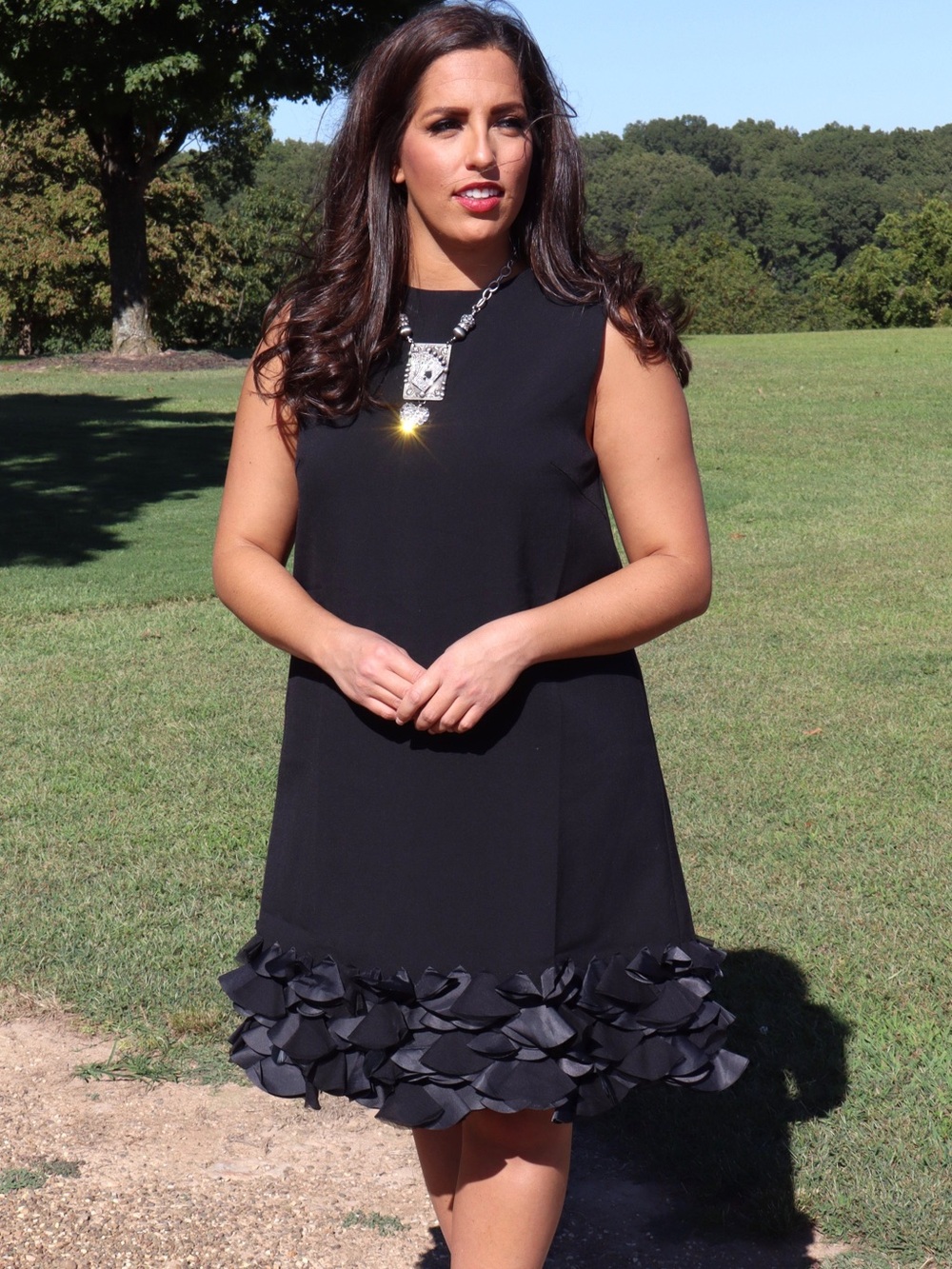 Elegant Black A Line Dress with Floral Hem